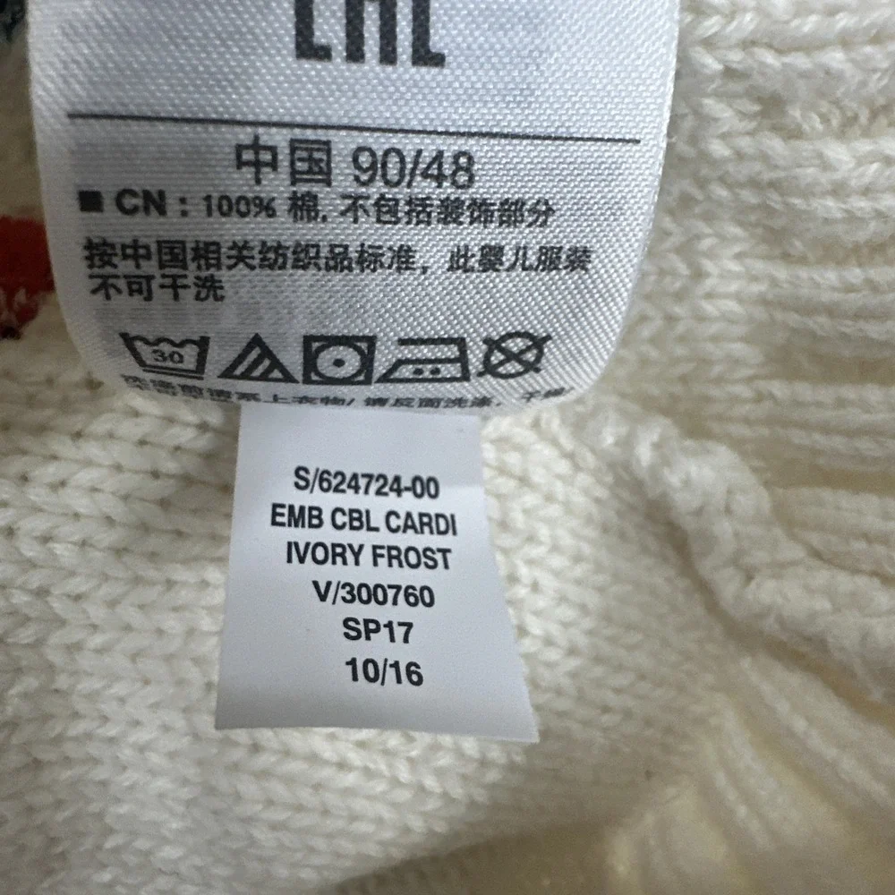 Baby Gap 18-24 Months Cable Knit Floral Embroidery Cardigan Ivory Frost Cotton